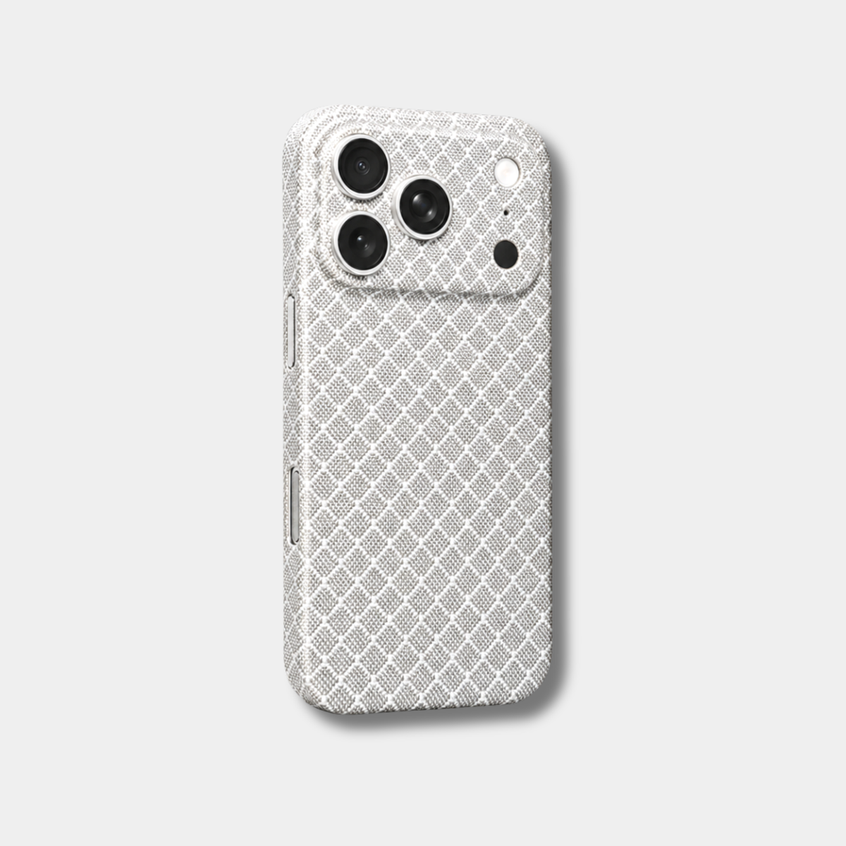 Coque iPhone MONOCOQUE MAILLE Fibernium, tissage carbone et aramide blanc à losanges, plateau photo recouvert