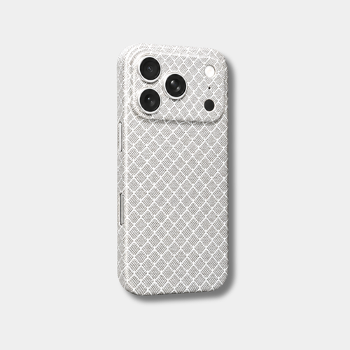 Coque iPhone MONOCOQUE MAILLE Fibernium, tissage carbone et aramide blanc à losanges, plateau photo recouvert
