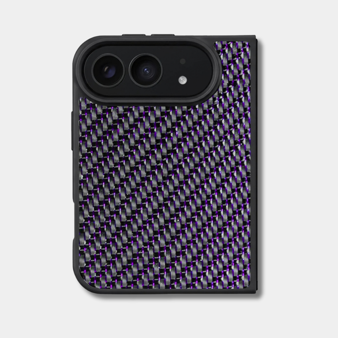 Coque iPhone Duo en fibre de carbone tissée colorée, teinte violet, vue de dos