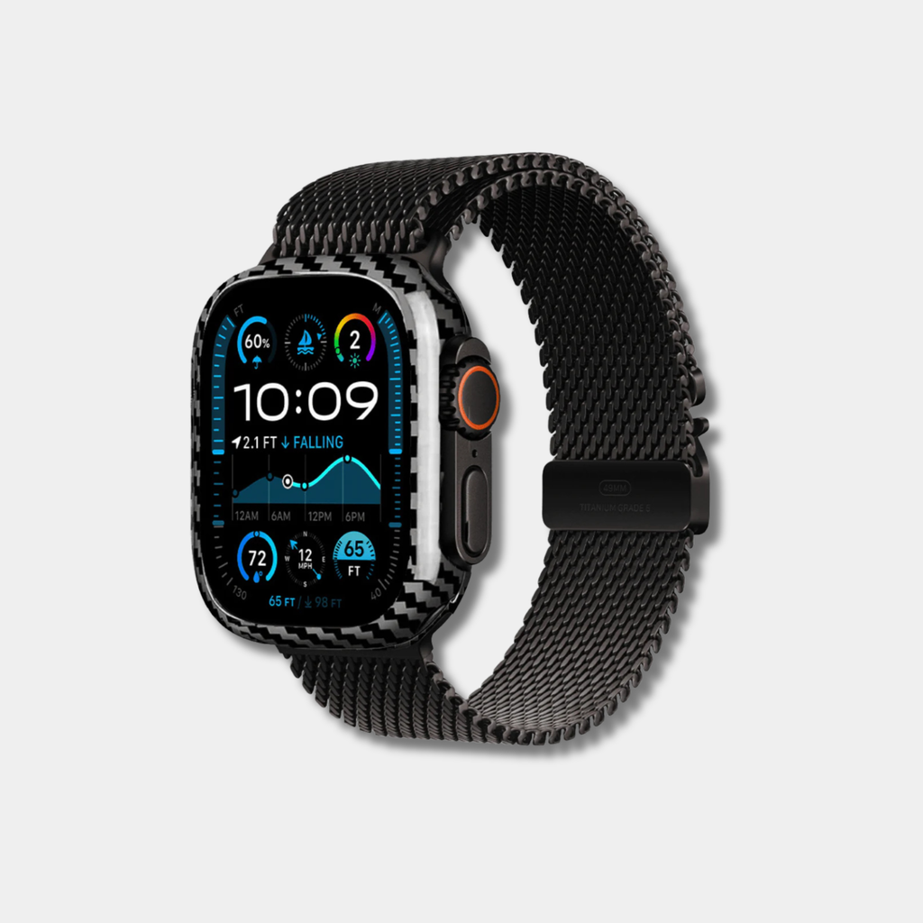 Coque Apple Watch en fibre de carbone Fibernium, protection légère et résistante, vue de face avec détails de la texture en fibre de carbone.
