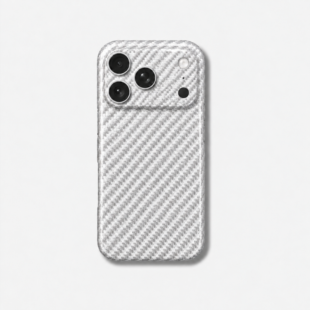 Coque iPhone MONOCOQUE GIVRE Fibernium, vue de dos, fibre de verre blanche tissée effet carbone, plateau photo recouvert