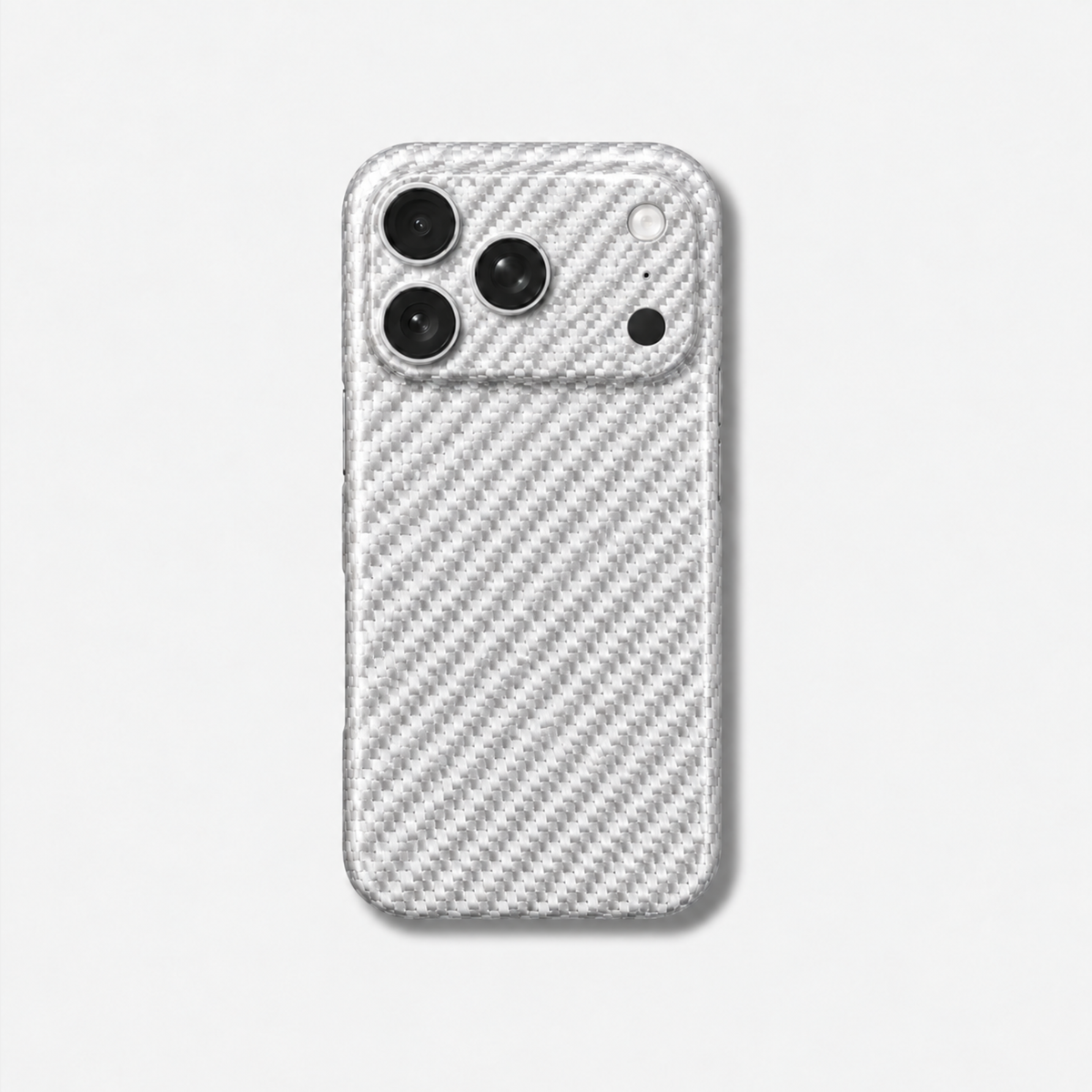 Coque iPhone MONOCOQUE GIVRE Fibernium, vue de dos, fibre de verre blanche tissée effet carbone, plateau photo recouvert