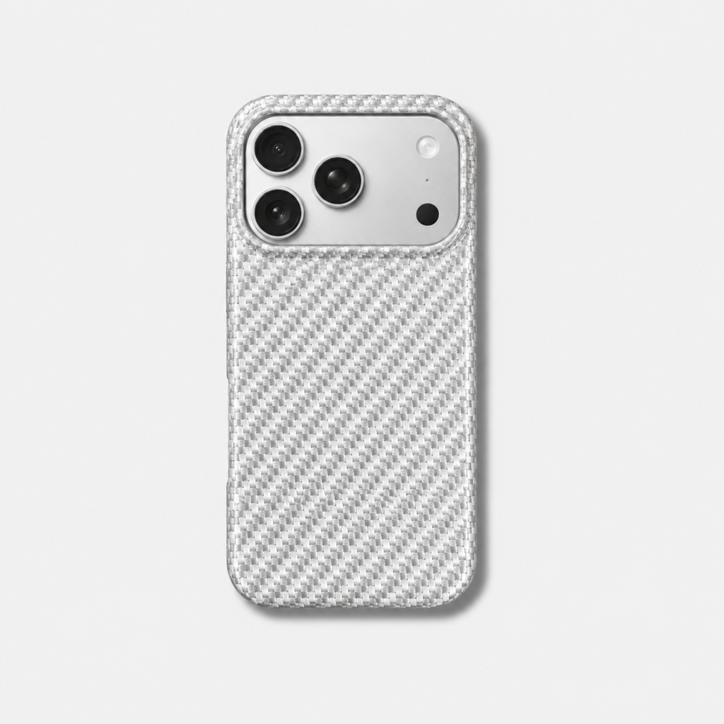 Coque iPhone HALO GIVRE Fibernium, vue de dos, fibre de verre blanche tissée effet carbone, plateau photo apparent
