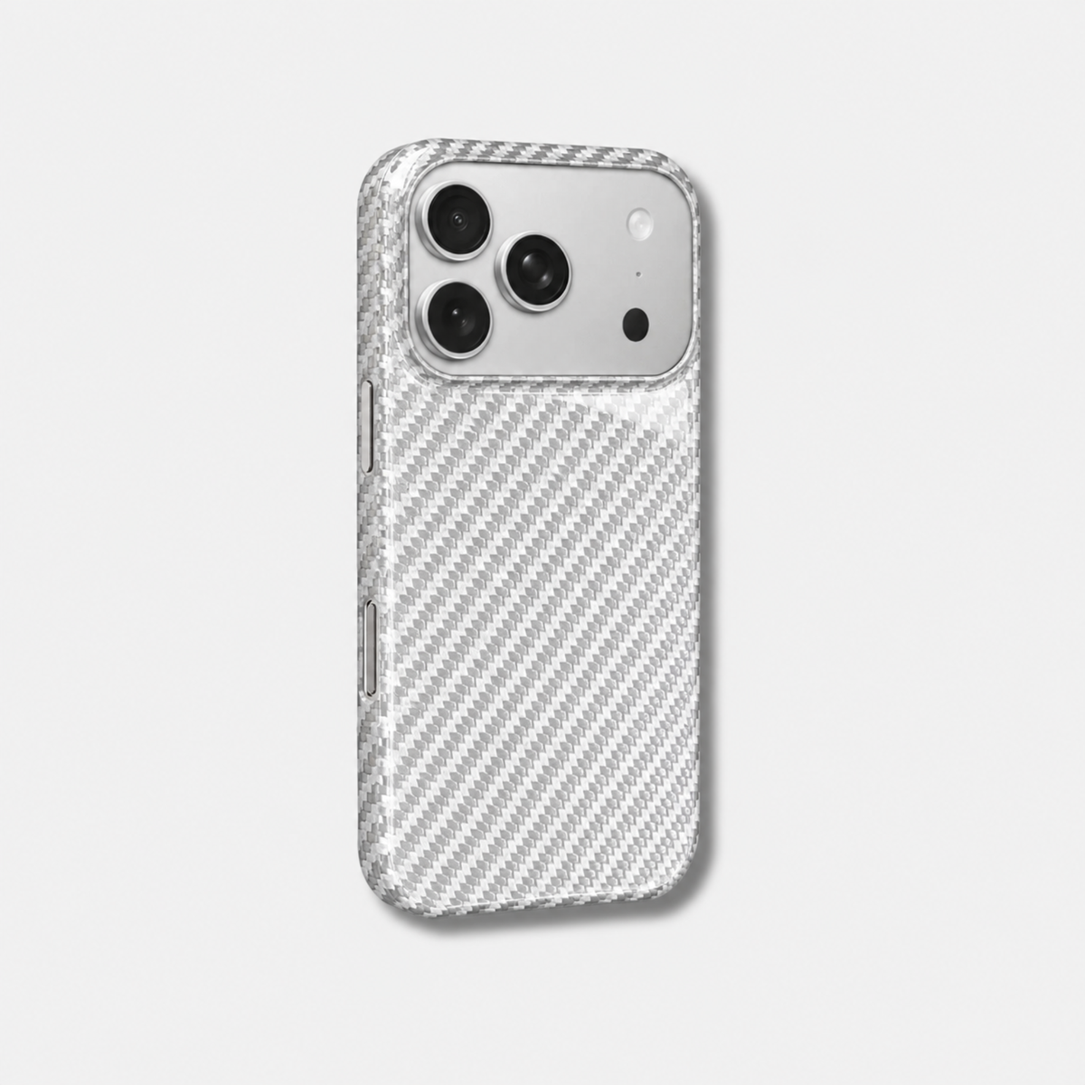 Coque iPhone HALO GIVRE Fibernium, vue de trois quarts, fibre de verre blanche tissée effet carbone, plateau photo apparent