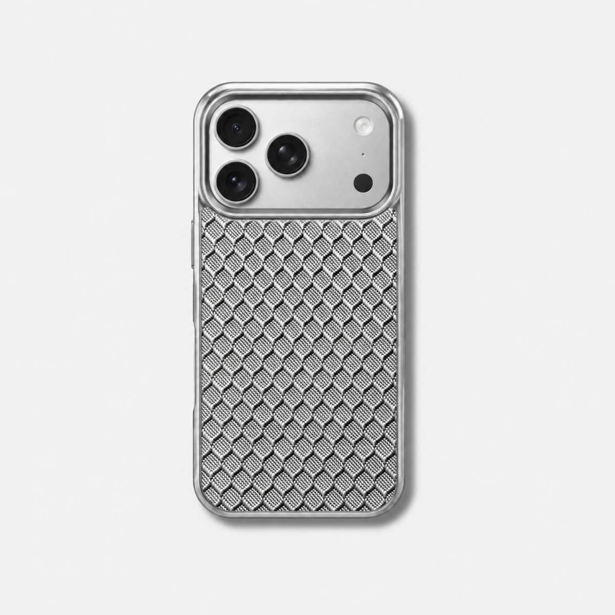 Coque iPhone HYBRIDE Fibernium, vue de dos, dos tressé gris en fibre de verre effet carbone et contour silicone