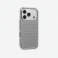 Coque iPhone HYBRIDE Fibernium, vue de trois quarts, dos tressé gris en fibre de verre effet carbone et contour silicone