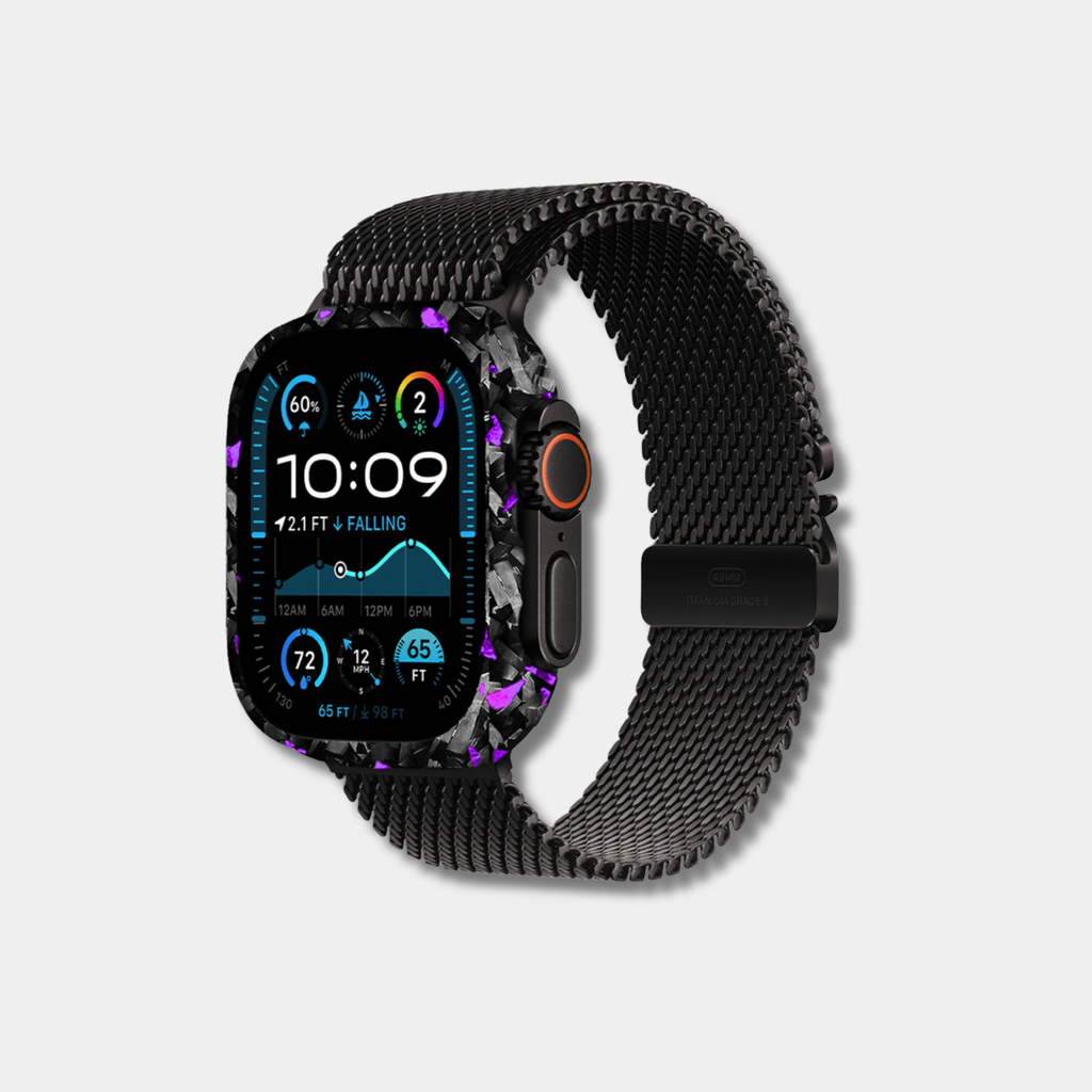 Coque Apple Watch en fibre de carbone colorée de la marque Fibernium, avec design robuste et finition élégante.
