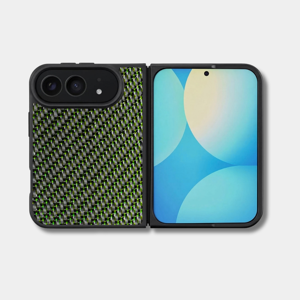 Coque iPhone Duo en fibre de carbone tissée colorée, teinte vert, ouverte à plat, dos et écran
