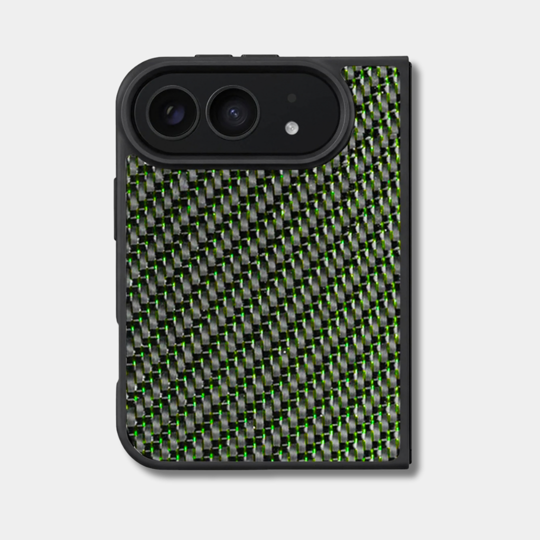 Coque iPhone Duo en fibre de carbone tissée colorée, teinte vert, vue de dos