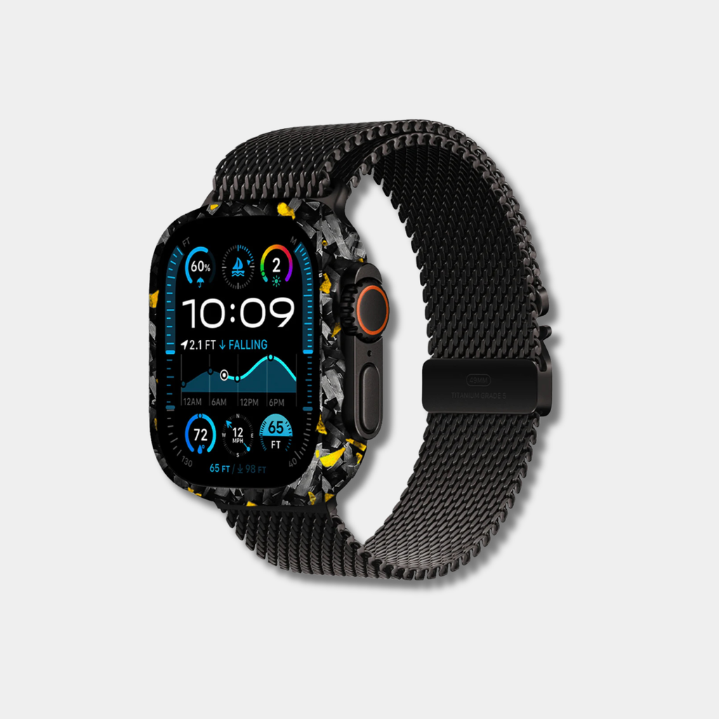 Coque pour Apple Watch en fibre de carbone colorée de la marque Fibernium, design robuste et moderne.