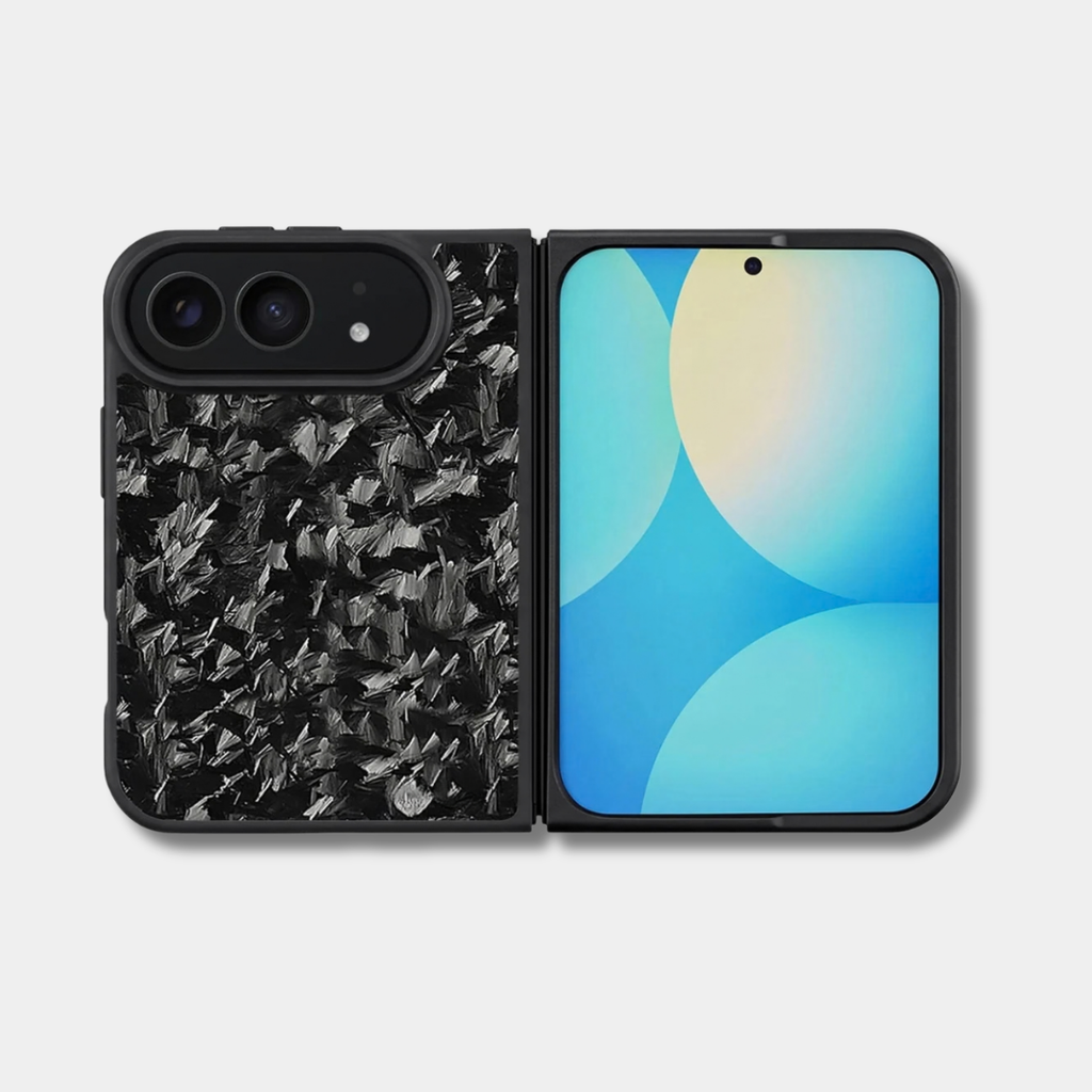 Coque iPhone Duo en carbone forgé BRUTE noir Fibernium, ouverte à plat, dos et écran