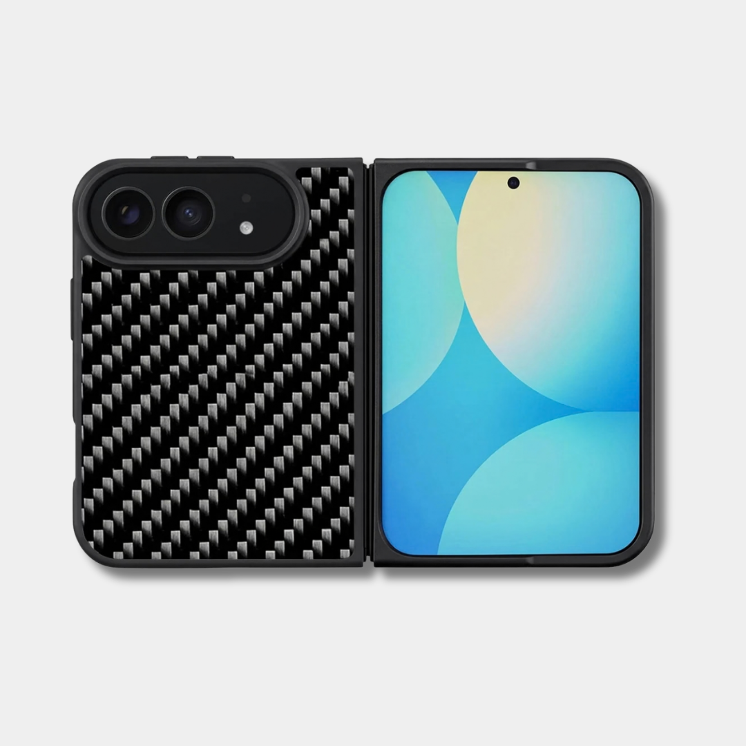 Coque iPhone Duo en fibre de carbone tissée Fibernium, ouverte à plat, dos et écran