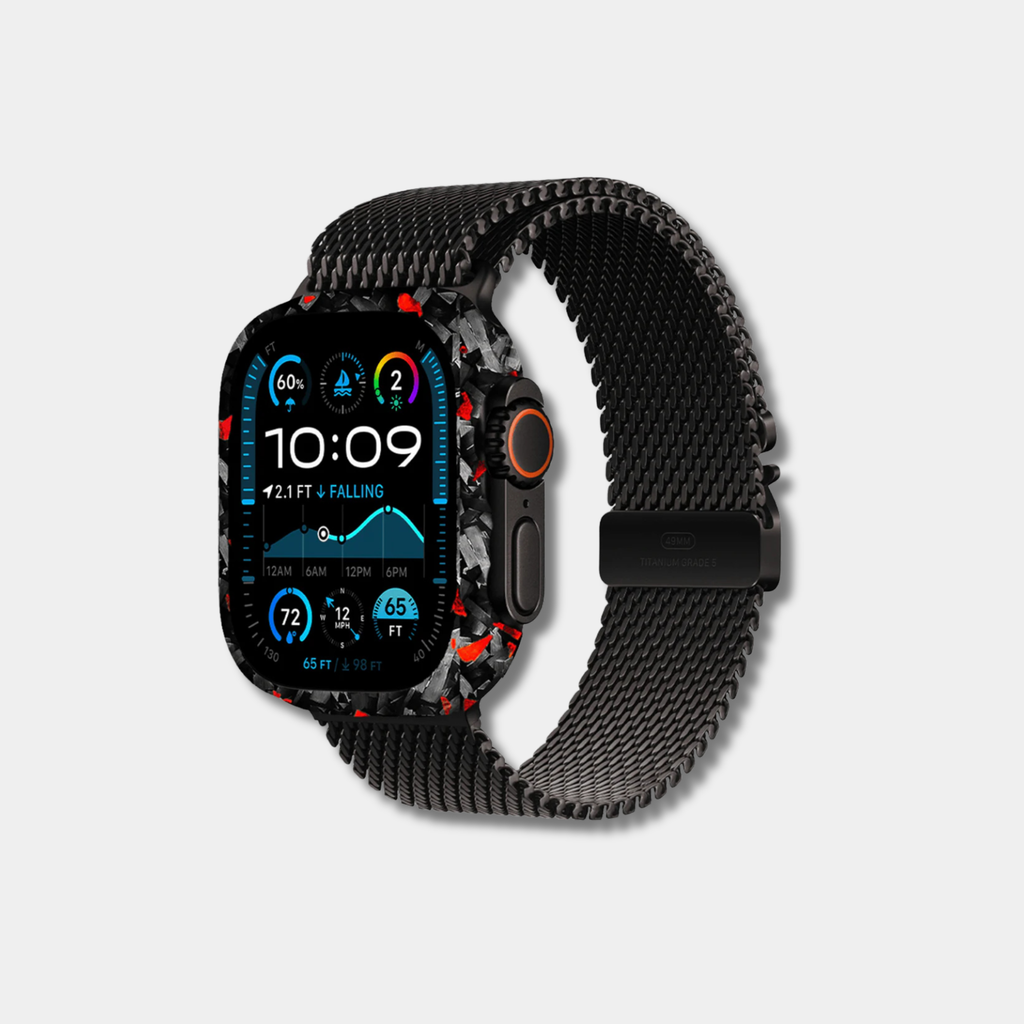 Coque en carbone colorée pour Apple Watch, modèle BRUTE de Fibernium, avec finition texturée et design élégant.