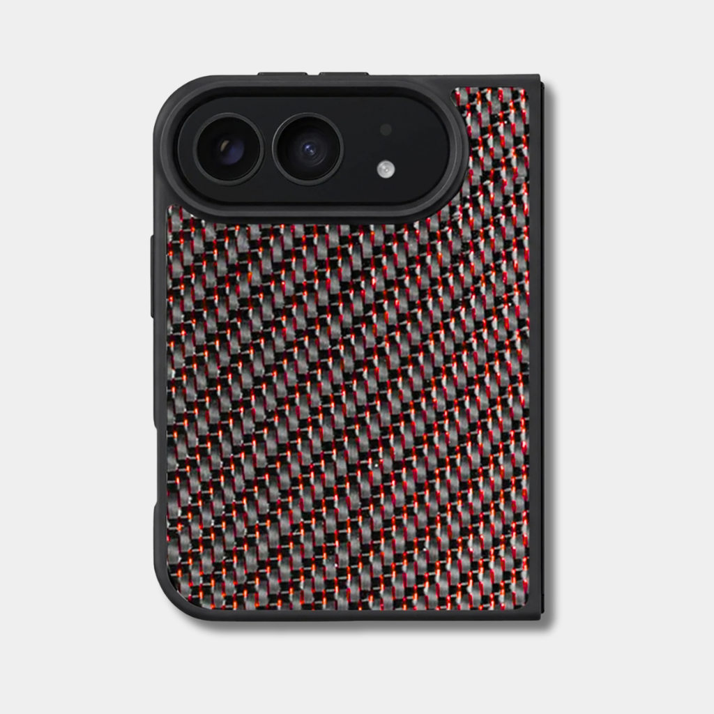 Coque iPhone Duo en fibre de carbone tissée colorée, teinte rouge, vue de dos