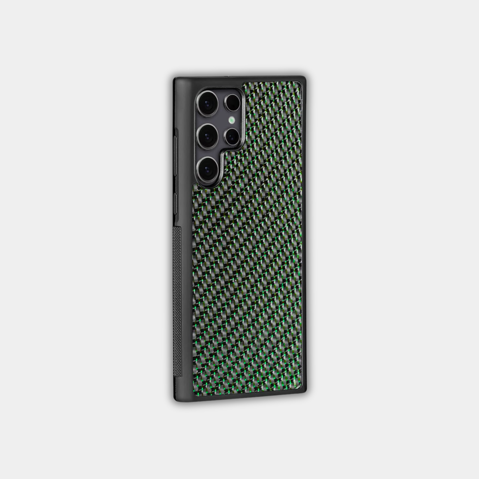 Coque Samsung en fibre de carbone colorée de marque Fibernium, montrant un motif texturé noir et rouge.