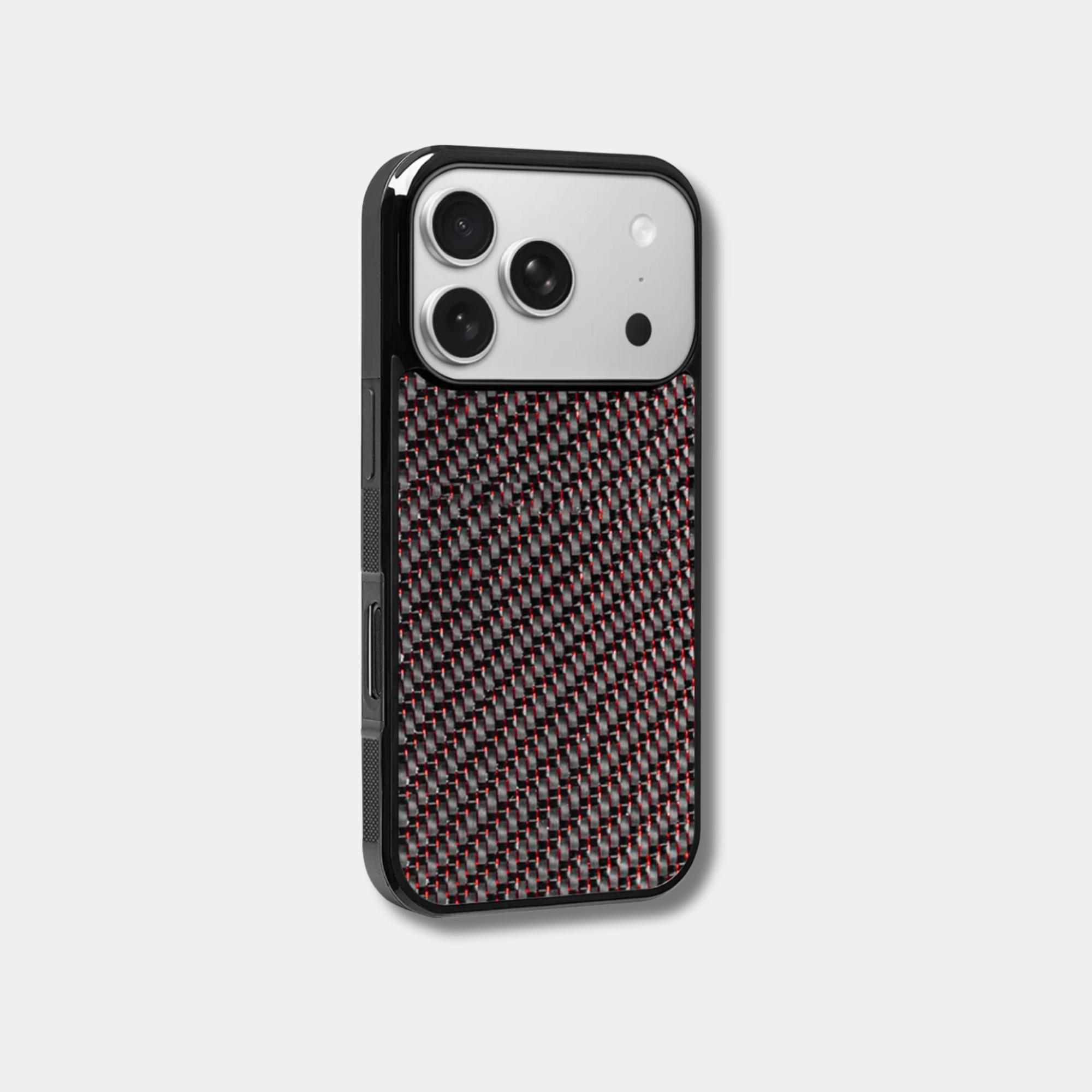 Coque en fibre de carbone colorée pour iPhone Apple de la marque Fibernium, vue de face avec motif en fibre de carbone.